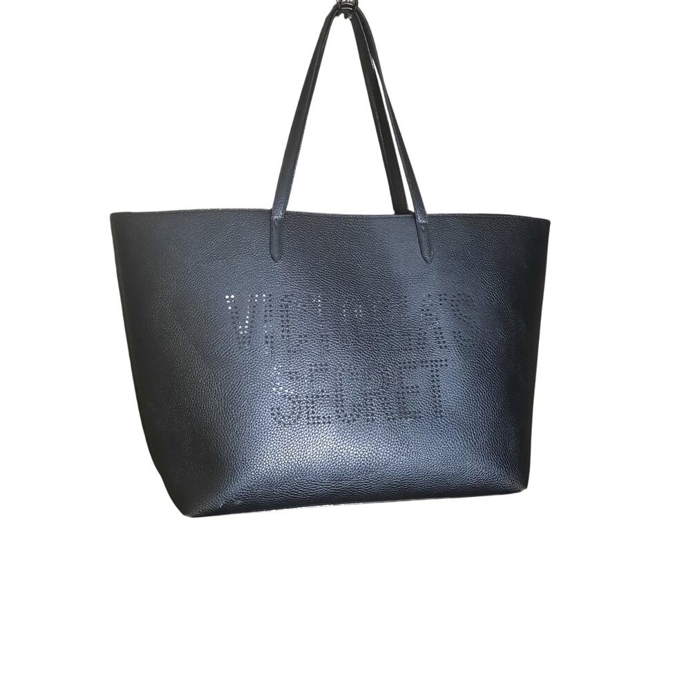 Victoria's Secret Black Faux Leather Laser Cut Perforated Logo Tote Bag Size L